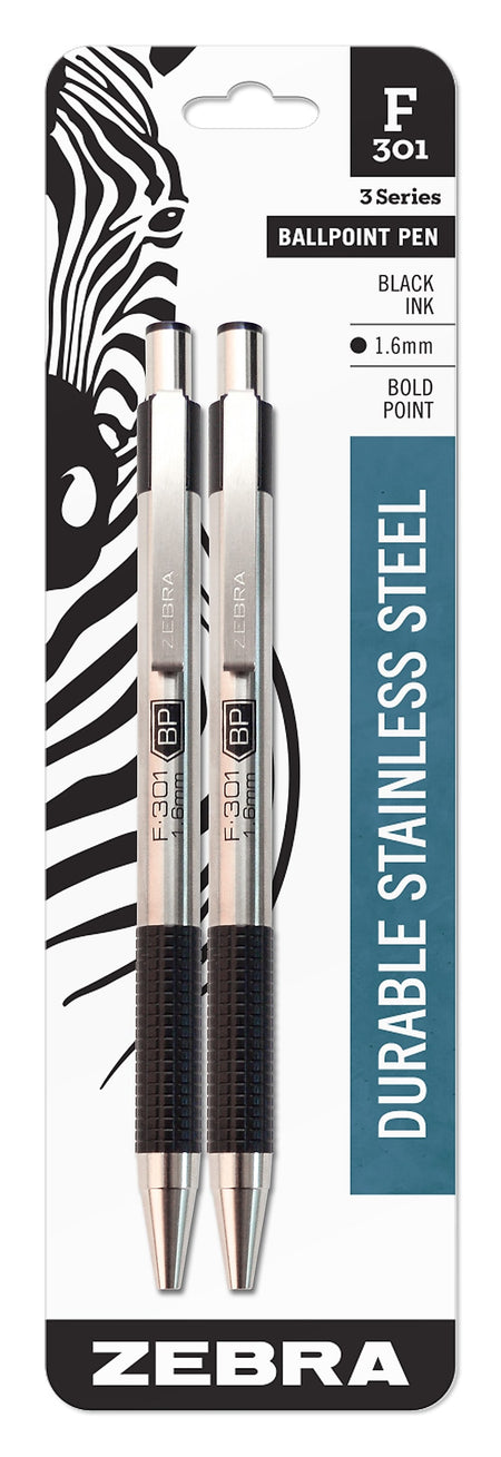 Zebra F-301 Retractable Ballpoint Pen, Bold Point, 1.6mm, Black Ink, 2 Pack