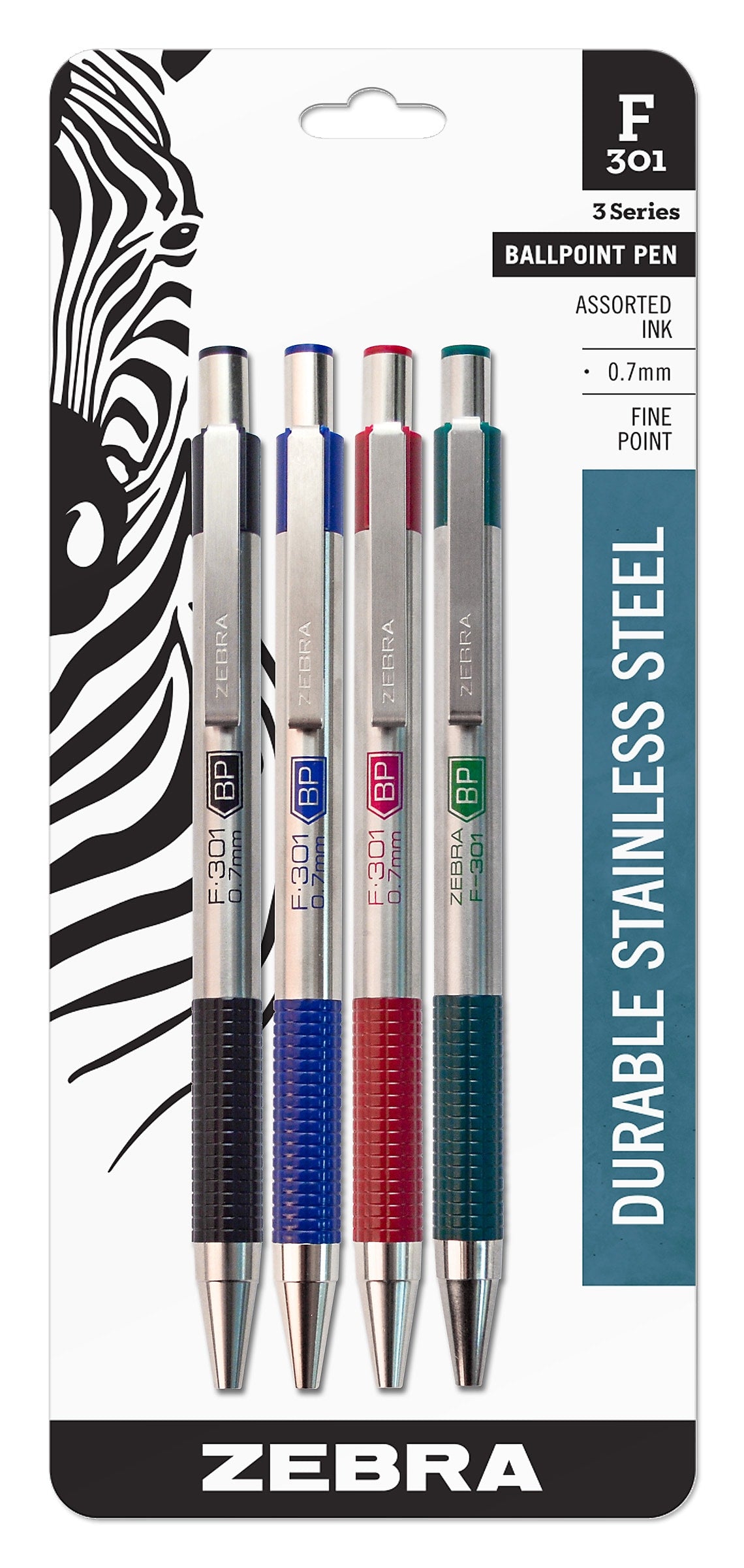 Zebra F-301 Retractable Ballpoint Pen, Fine Point, 0.7mm, Assorted Ink, 4 Pack