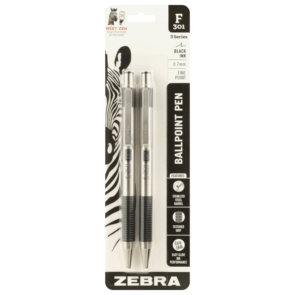 Zebra F-301 Retractable Ballpoint Pen, Fine Point, 0.7mm, Black Ink, 2 Pack