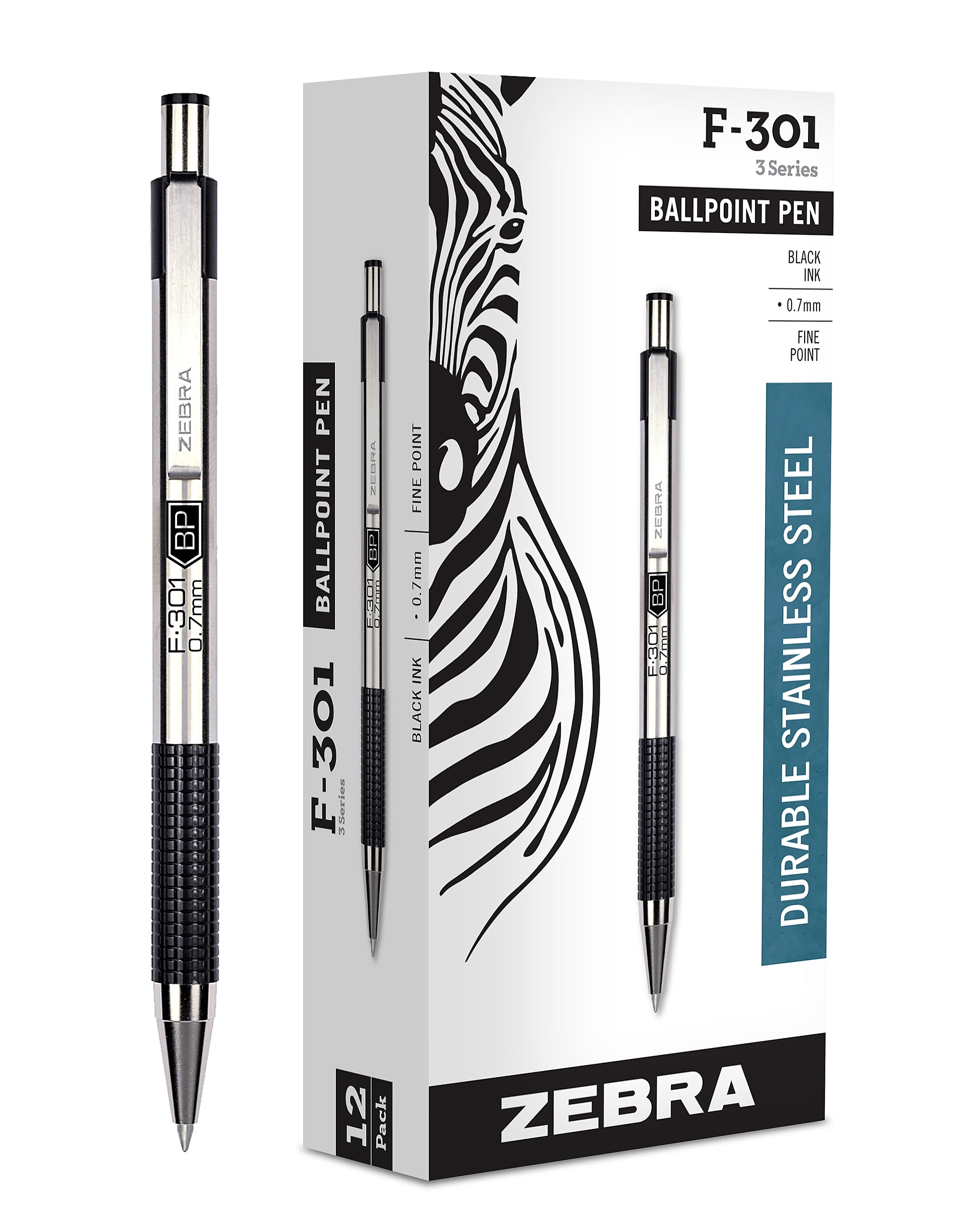 Zebra F-301 Retractable Ballpoint Pen, Fine Point, 0.7mm, Black Ink, Dozen