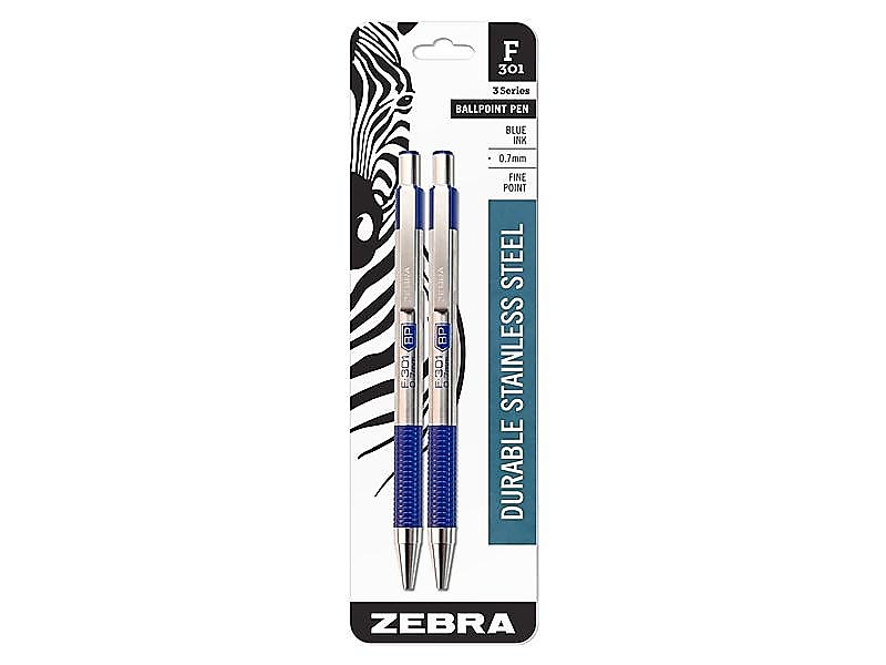 Zebra F-301 Retractable Ballpoint Pen, Fine Point, 0.7mm, Blue Ink, 2 Pack