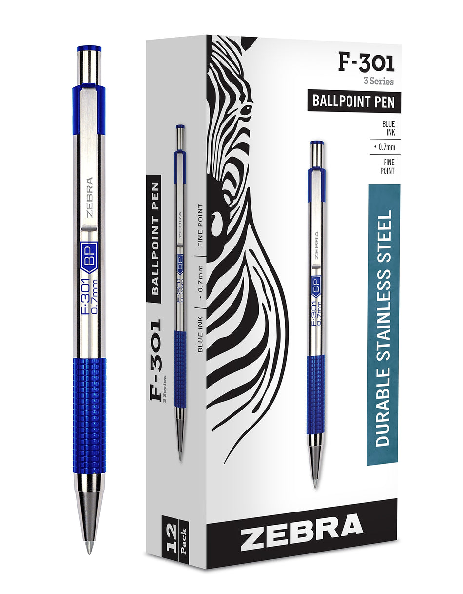 Zebra F-301 Retractable Ballpoint Pen, Fine Point, 0.7mm, Blue Ink, Dozen