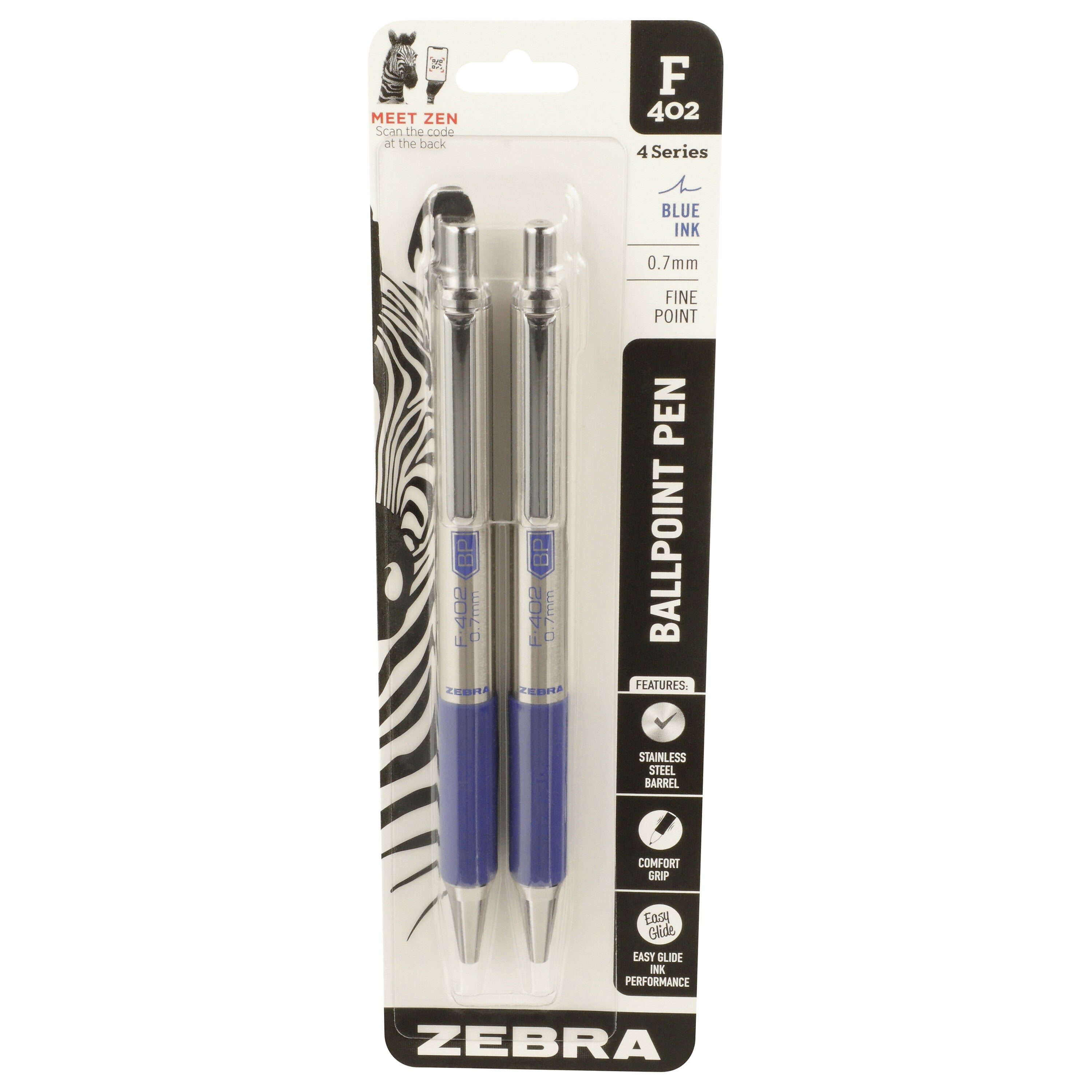 Zebra F-402 Retractable Ballpoint Pen, Fine Point, 0.7mm, Blue Ink, 2 Pack