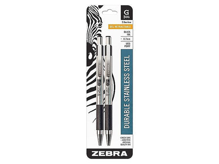 Zebra G-301 Retractable Gel Pen, Medium Point, 0.7mm, Black Ink, 2 Pack