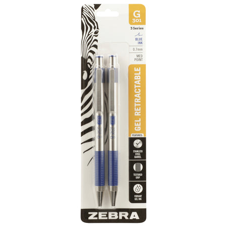 Zebra G-301 Retractable Gel Pen, Medium Point, 0.7mm, Blue Ink, 2 Pack