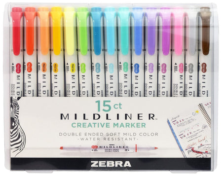 Zebra Mildliner Twin Tip Highlighters, Bullet/Chisel Tip, Assorted, 15/Pack