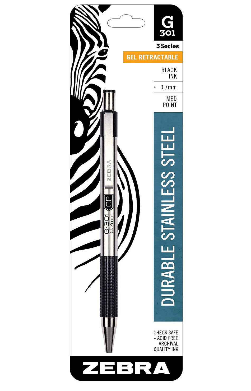 Zebra Retractable Gel Pen, Medium Point, 0.7mm, Black Ink