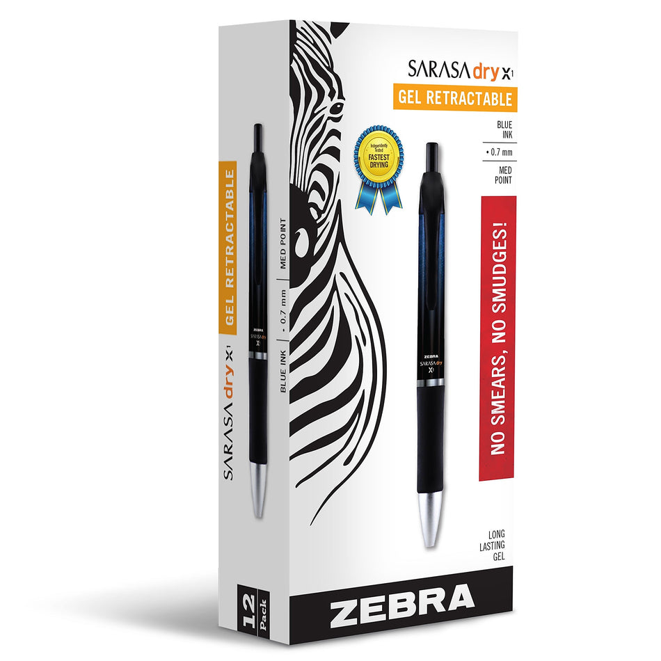 Zebra Retractable Gel Pen, Medium Point, 0.7mm, Blue Ink, Dozen