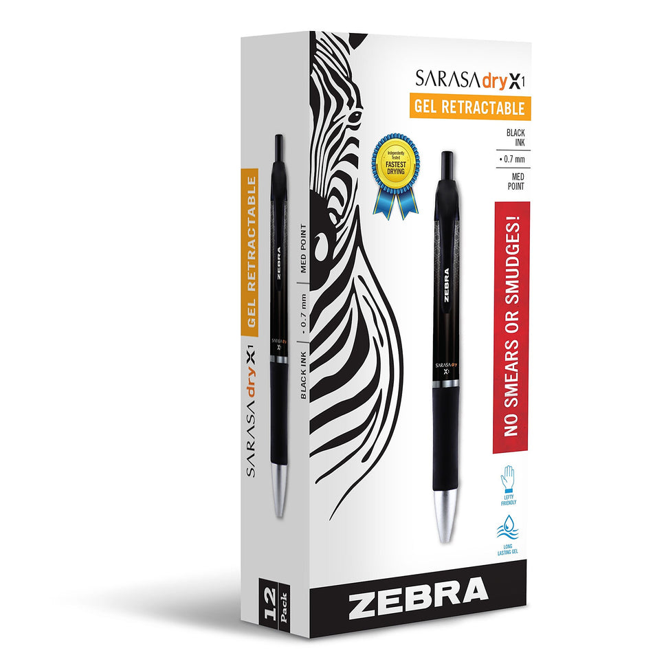 Zebra Sarasa Dry X1 Retractable Gel Pen, Medium Point, 0.7mm, Black Ink, Dozen