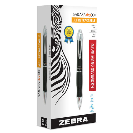 Zebra Sarasa Dry X10 Retractable Gel Pen, Medium Point, 0.7mm, Black Ink, Dozen