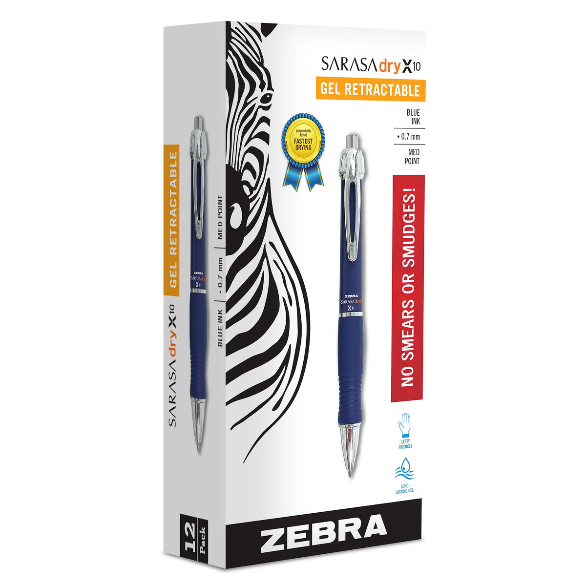 Zebra Sarasa Dry X10 Retractable Gel Pen, Medium Point, 0.7mm, Blue Ink, 12/Pack