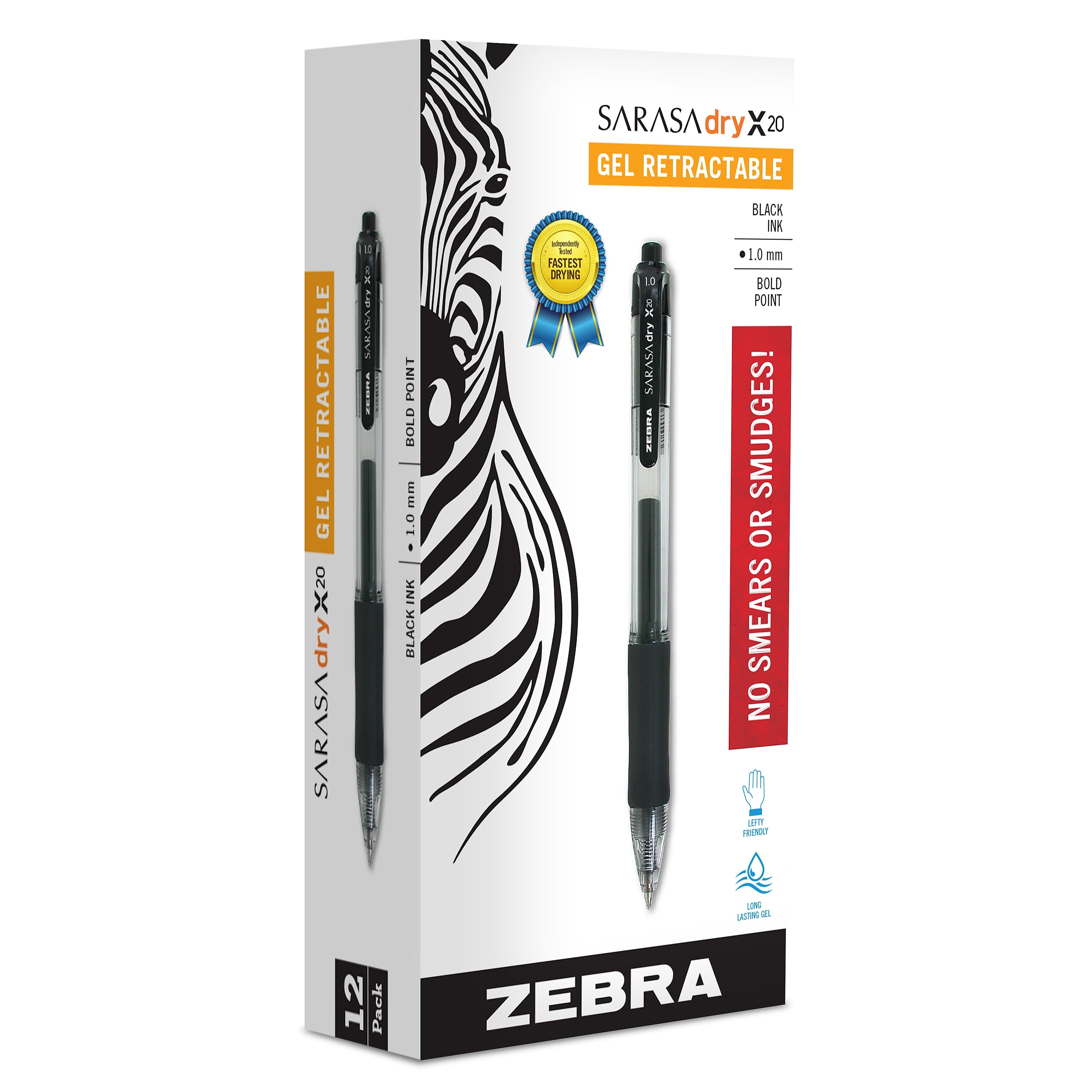 Zebra Sarasa Dry X20 Retractable Gel Pen, Bold Point, 1.0mm, Black Ink, Dozen