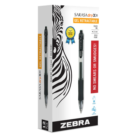 Zebra Sarasa Dry X20 Retractable Gel Pen, Bold Point, 1.0mm, Black Ink, Dozen