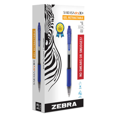 Zebra Sarasa Dry X20 Retractable Gel Pen, Bold Point, 1.0mm, Blue Ink, Dozen