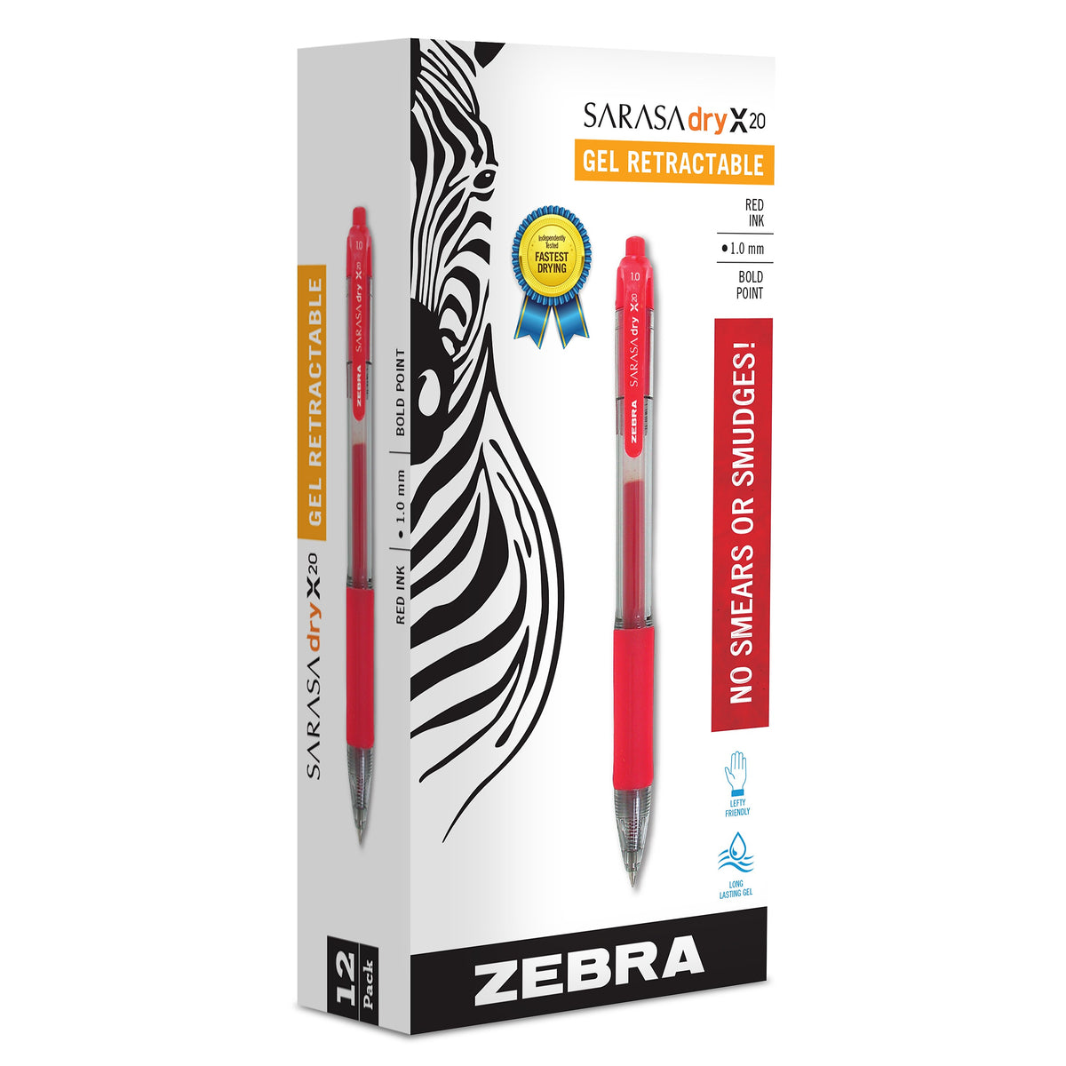 Zebra Sarasa Dry X20 Retractable Gel Pen, Bold Point, 1.0mm, Red Ink, Dozen