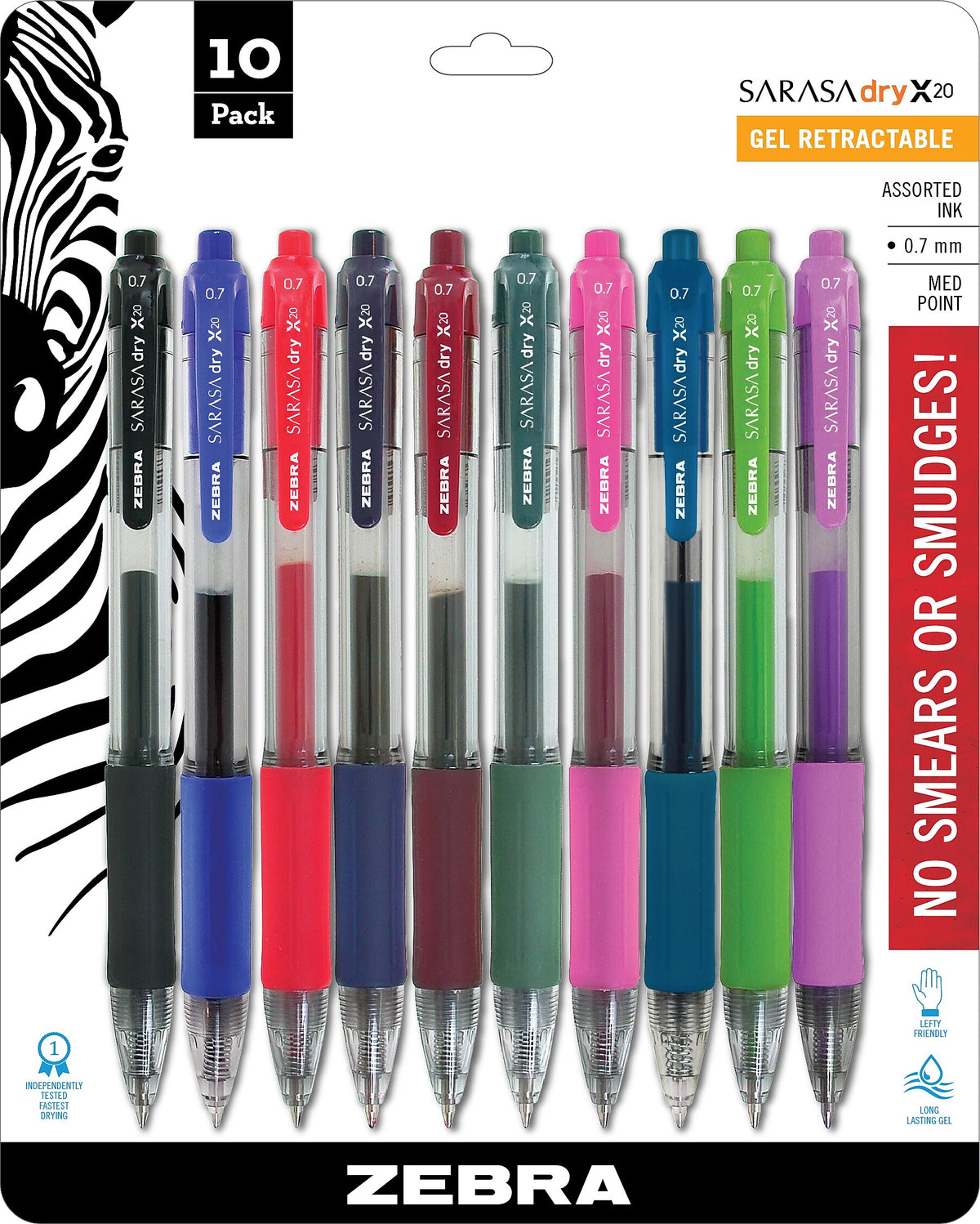 Zebra Sarasa Dry X20 Retractable Gel Pen, Medium Point, 0.7mm, Assorted Ink, 10 Pack