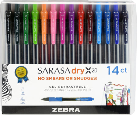 Zebra Sarasa Dry X20 Retractable Gel Pen, Medium Point, 0.7mm, Assorted Ink, 14 Pack