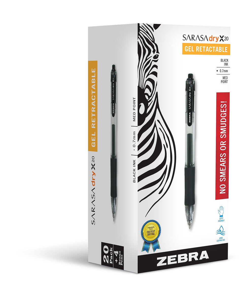 Zebra Sarasa Dry X20 Retractable Gel Pen, Medium Point, 0.7mm, Assorted Ink, 24 Pack