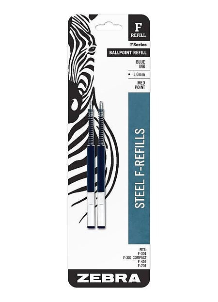 Zebra Steel F Ballpoint Pen Refill, Medium Point, Blue Ink, 2/Pack