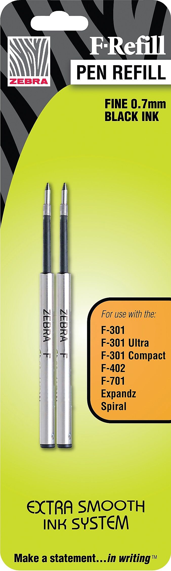 Zebra Steel F-Refill Ballpoint Pen Refill, Fine Point, Black Ink, 2 Pack