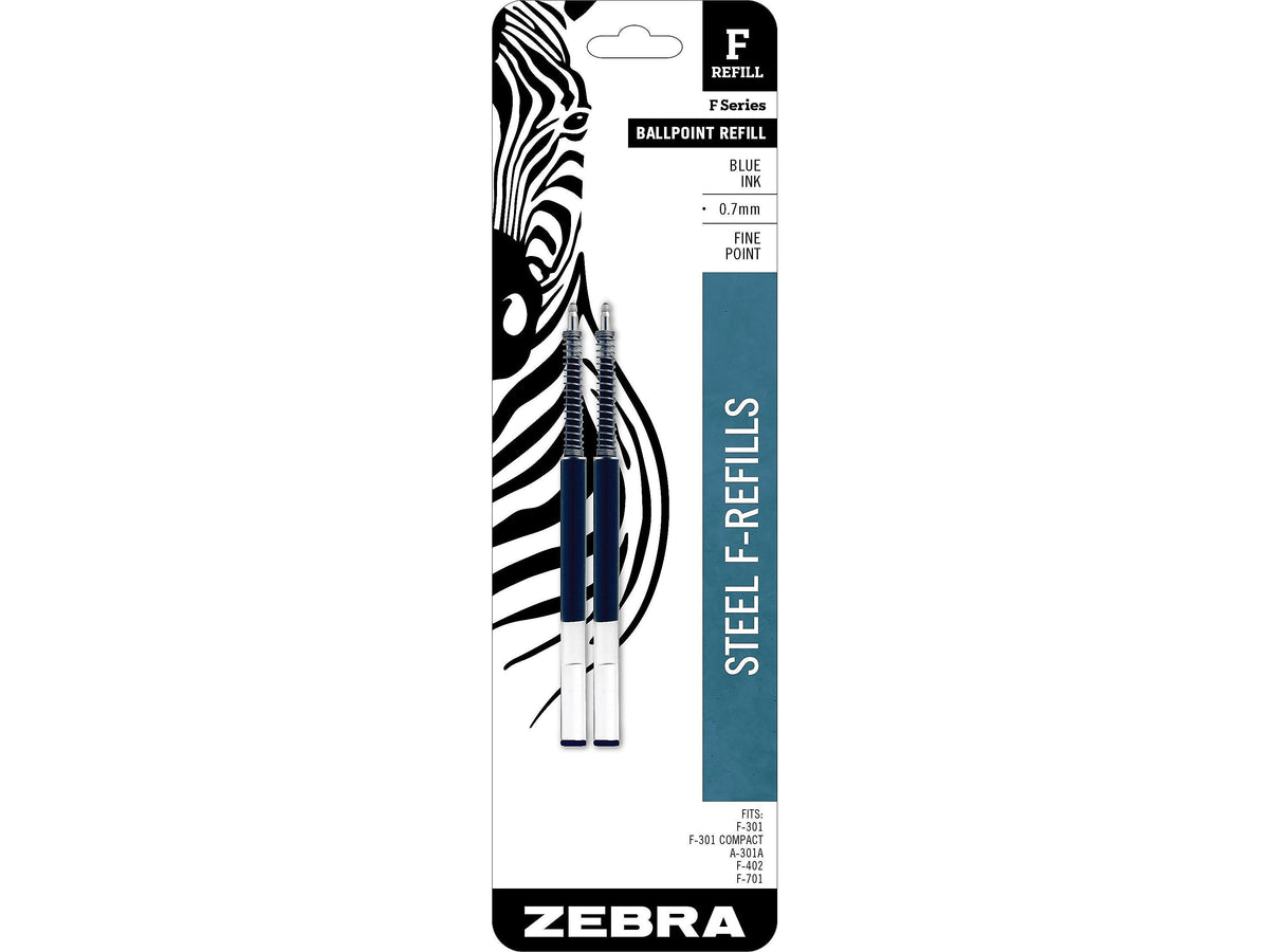 Zebra Steel F-Refill Ballpoint Pen Refill, Fine Point, Blue Ink, 2 Pack