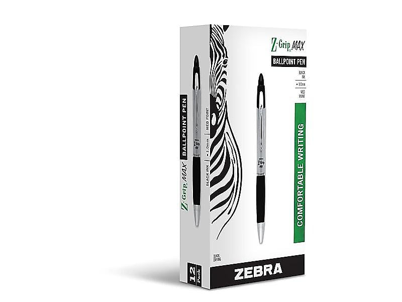 Zebra Z-Grip Max Retractable Ballpoint Pen, Medium Point, 1.0mm, Black Ink, Dozen