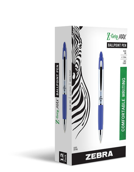 Zebra Z-Grip Max Retractable Ballpoint Pen, Medium Point, 1.0mm, Blue Ink, Dozen