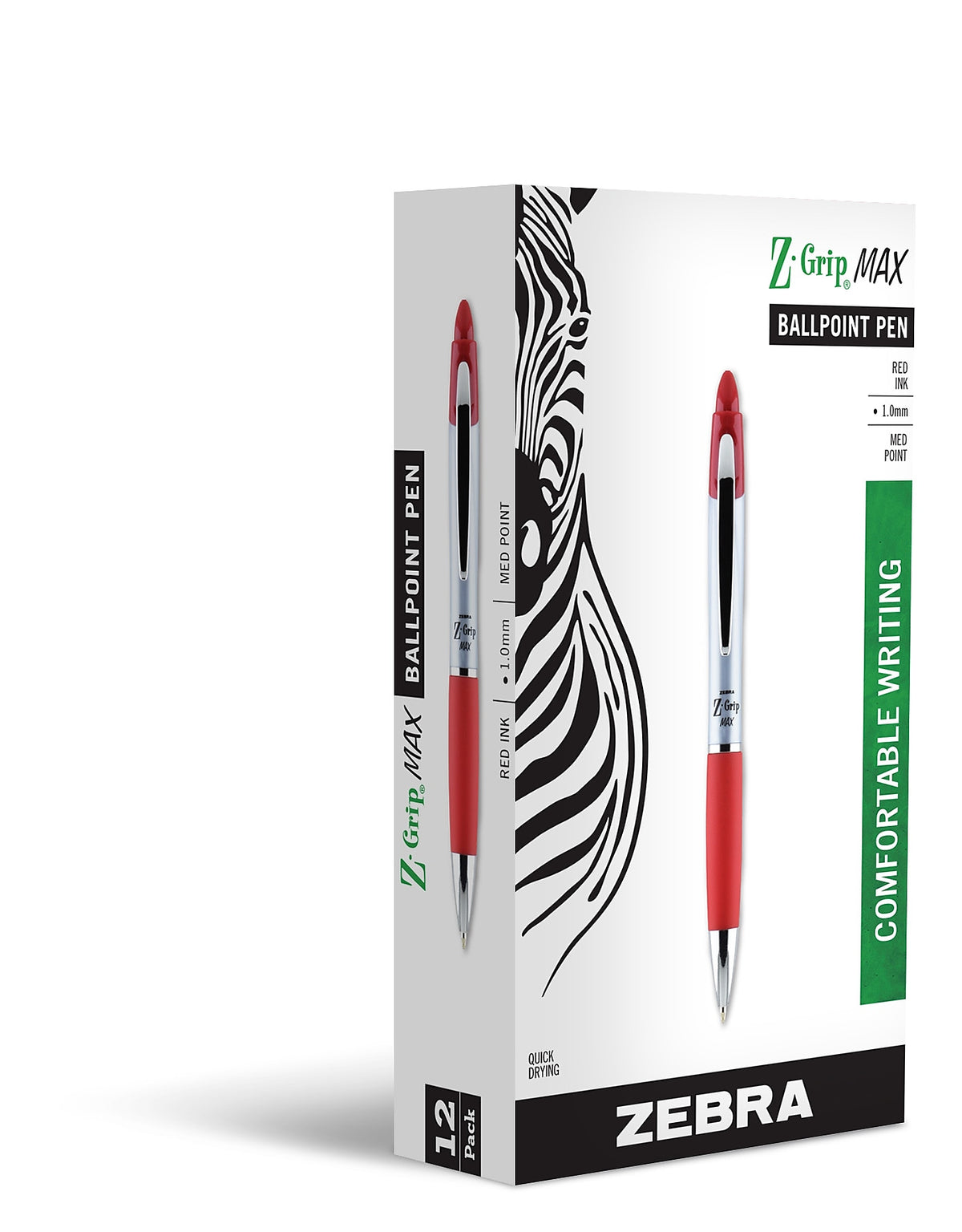 Zebra Z-Grip Max Retractable Ballpoint Pen, Medium Point, 1.0mm, Red Ink, Dozen