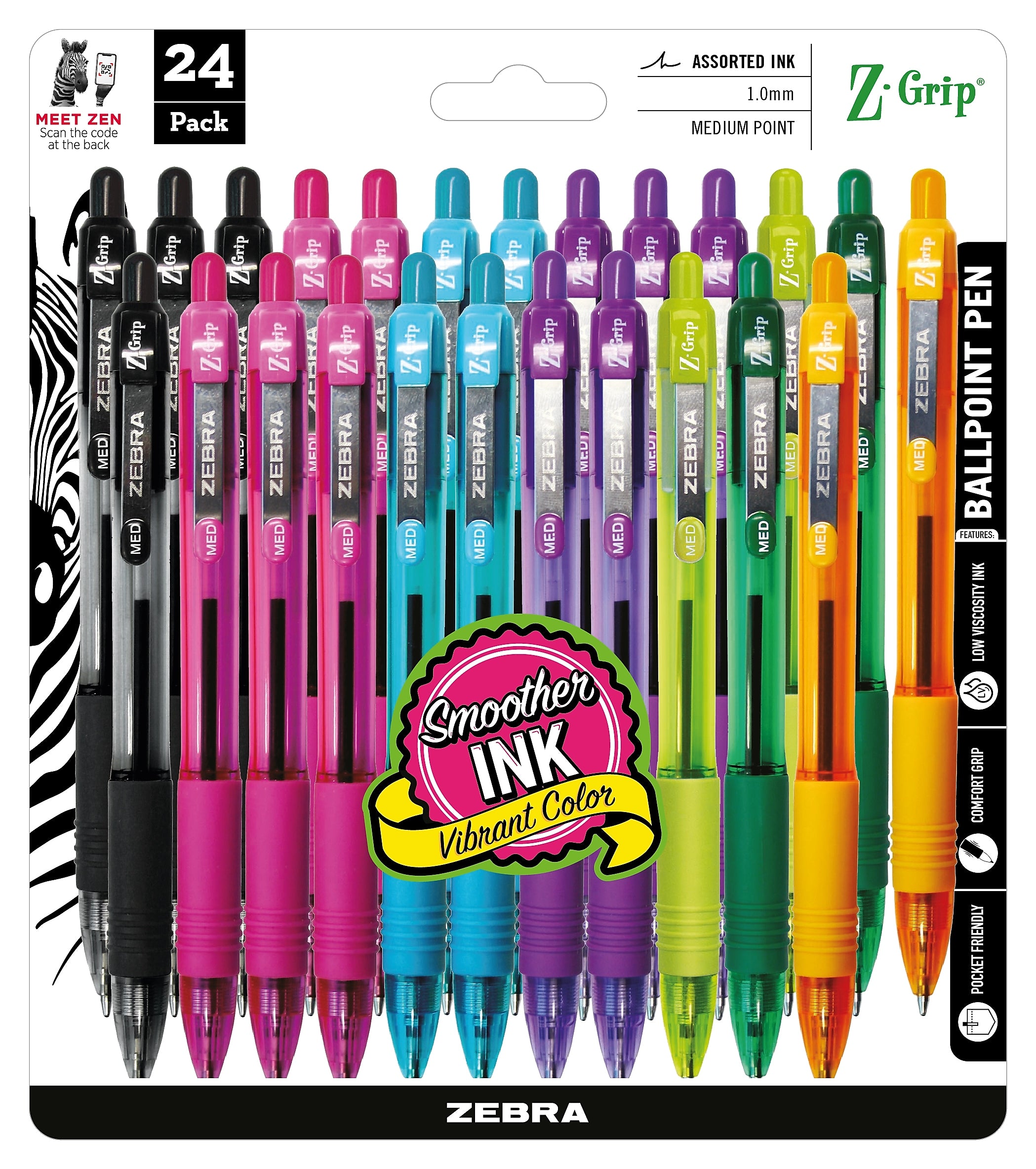 Zebra Z-Grip Retractable Ballpoint Pen, Medium Point, 1.0mm, Assorted Ink, 24 Pack