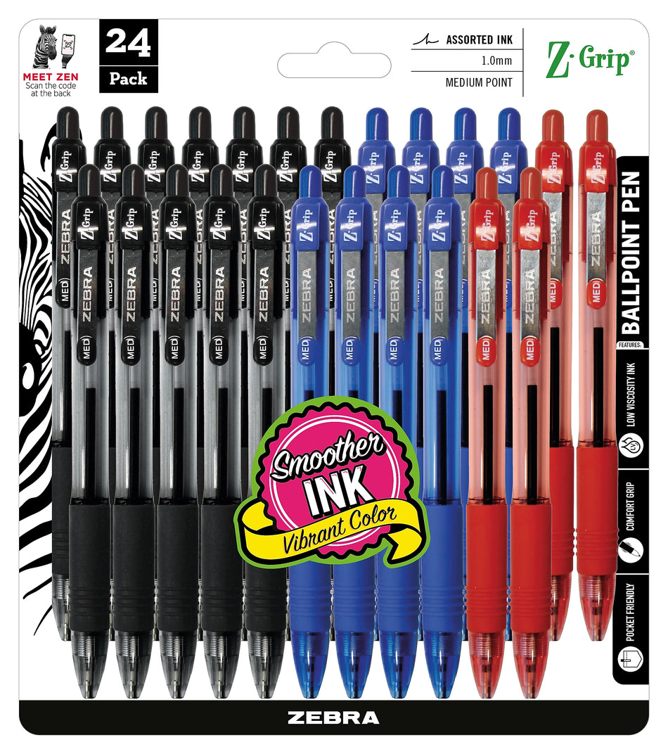 Zebra Z-Grip Retractable Ballpoint Pen, Medium Point, 1.0mm, Assorted Ink, 24 Pack