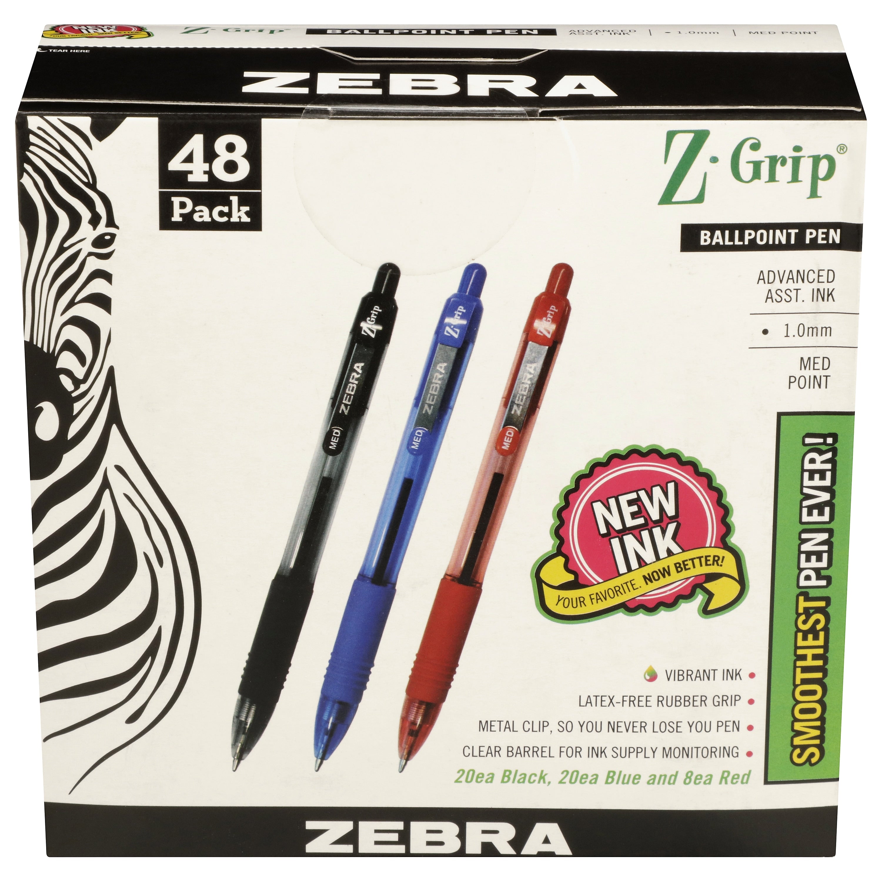 Zebra Z-Grip Retractable Ballpoint Pen, Medium Point, 1.0mm, Assorted Ink, 48 Pack