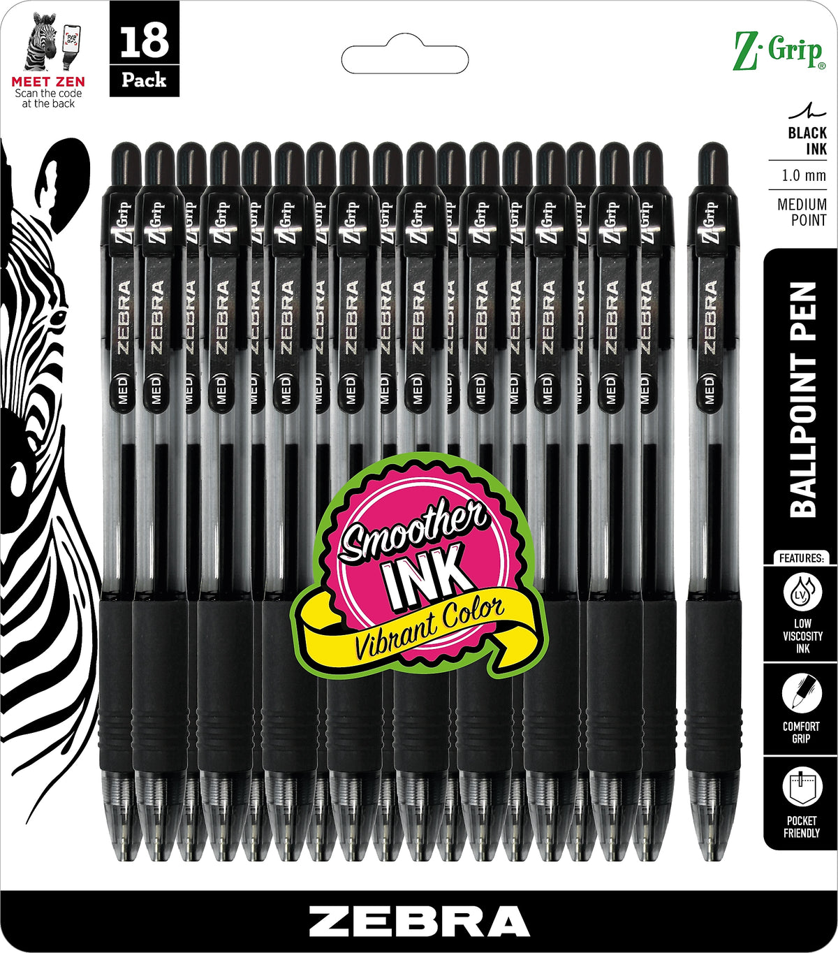 Zebra Z-Grip Retractable Ballpoint Pen, Medium Point, 1.0mm, Black Ink, 18 Pack