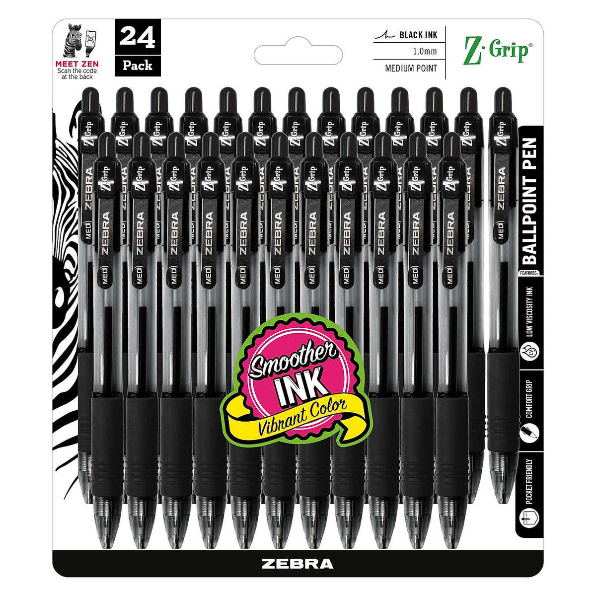 Zebra Z-Grip Retractable Ballpoint Pen, Medium Point, 1.0mm, Black Ink, 24 Pack