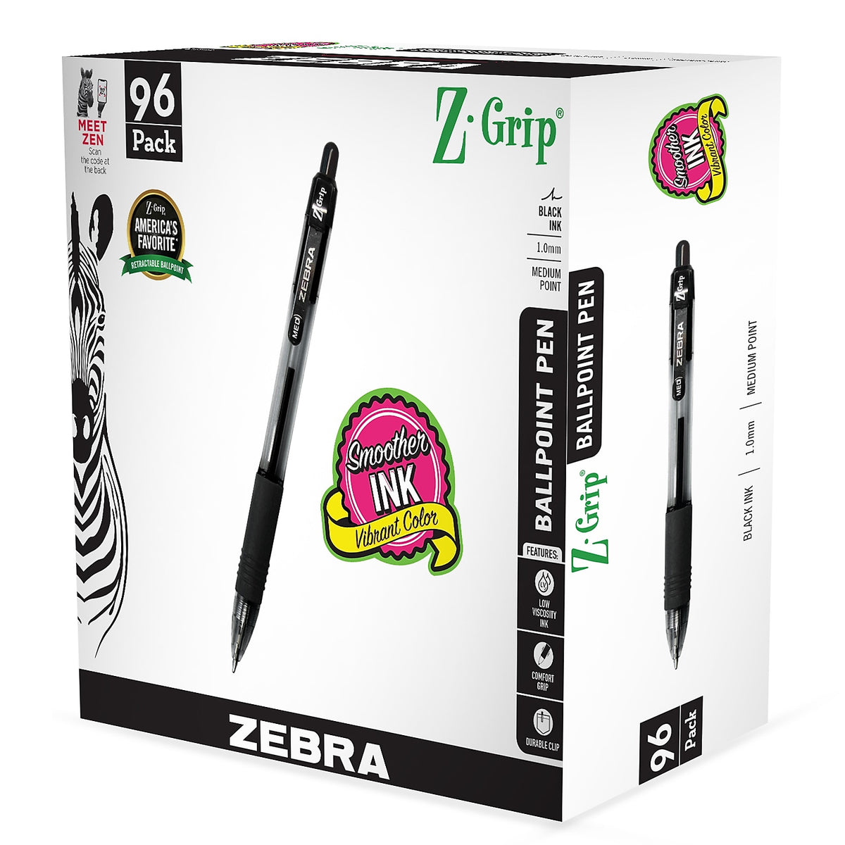 Zebra Z-Grip Retractable Ballpoint Pen, Medium Point, 1.0mm, Black Ink, 96/Pack