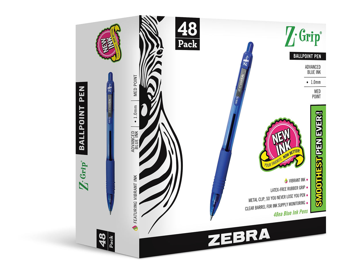 Zebra Z-Grip Retractable Ballpoint Pen, Medium Point, 1.0mm, Blue Ink, 48 Pack