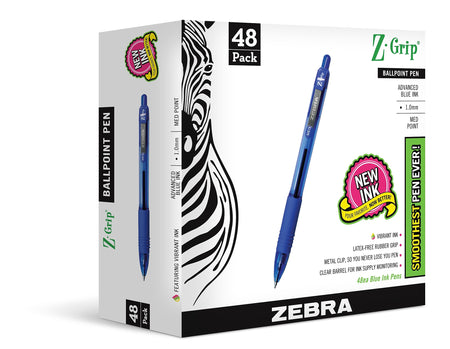 Zebra Z-Grip Retractable Ballpoint Pen, Medium Point, 1.0mm, Blue Ink, 48 Pack