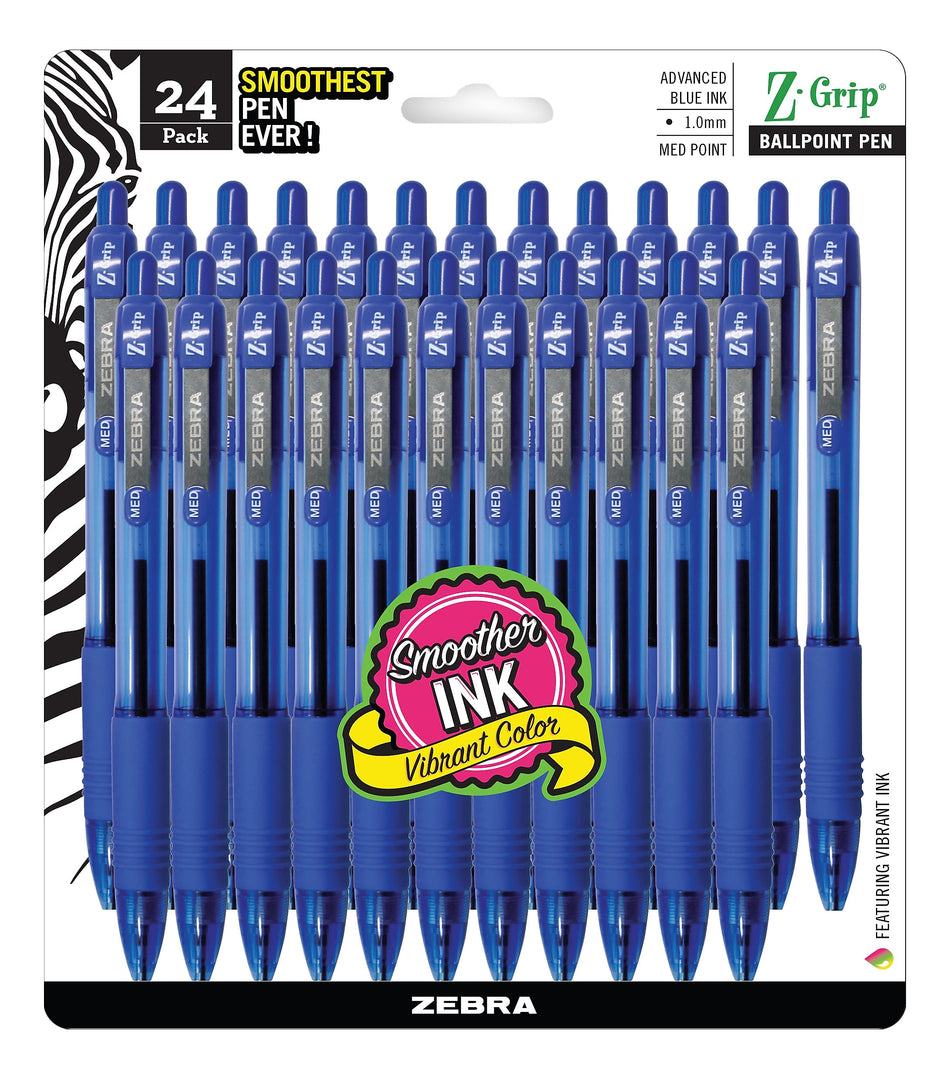 Zebra Z-Grip Retractable Ballpoint Pen, Medium Point, Blue Ink, 24/Pack