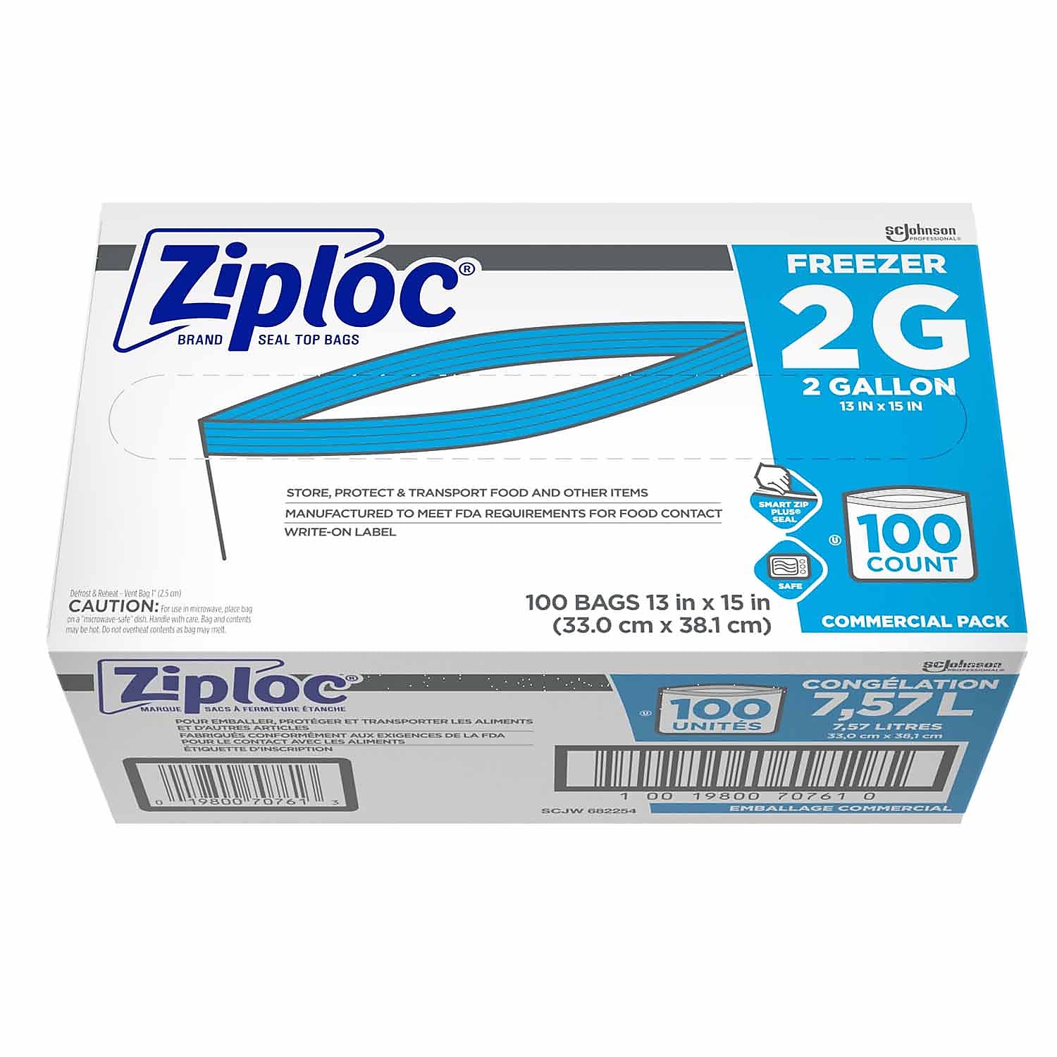 Ziploc Double Zipper Freezer Storage Bags, 2 Gallon, 100 Bags/Carton