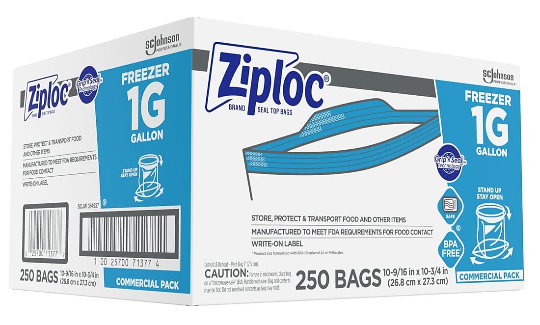 Ziploc Double Zipper Freezer Storage Bags, Gallon, 250 Bags/Carton