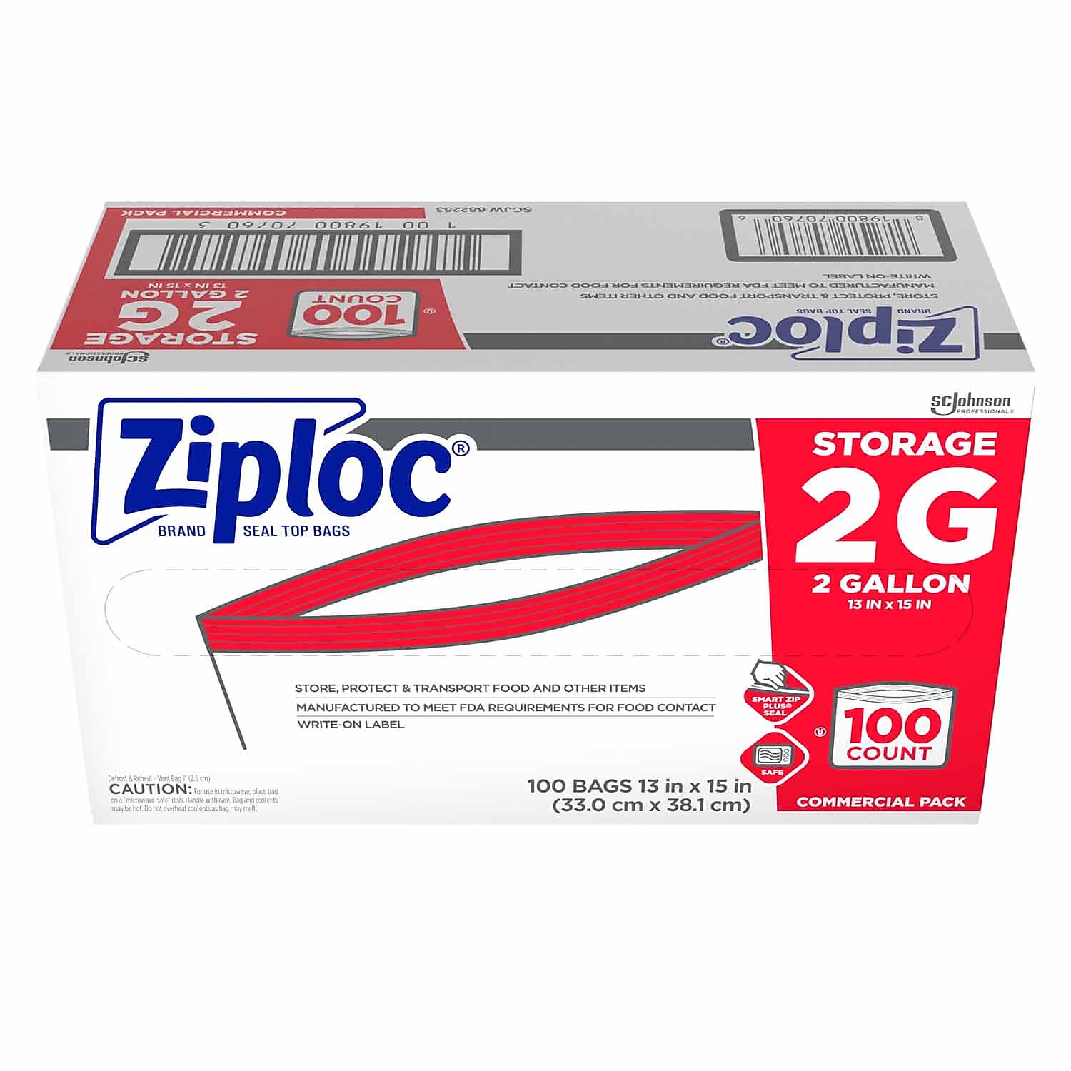 Ziploc Double Zipper Storage Bags, 2 Gallon, 100 Bags/Carton