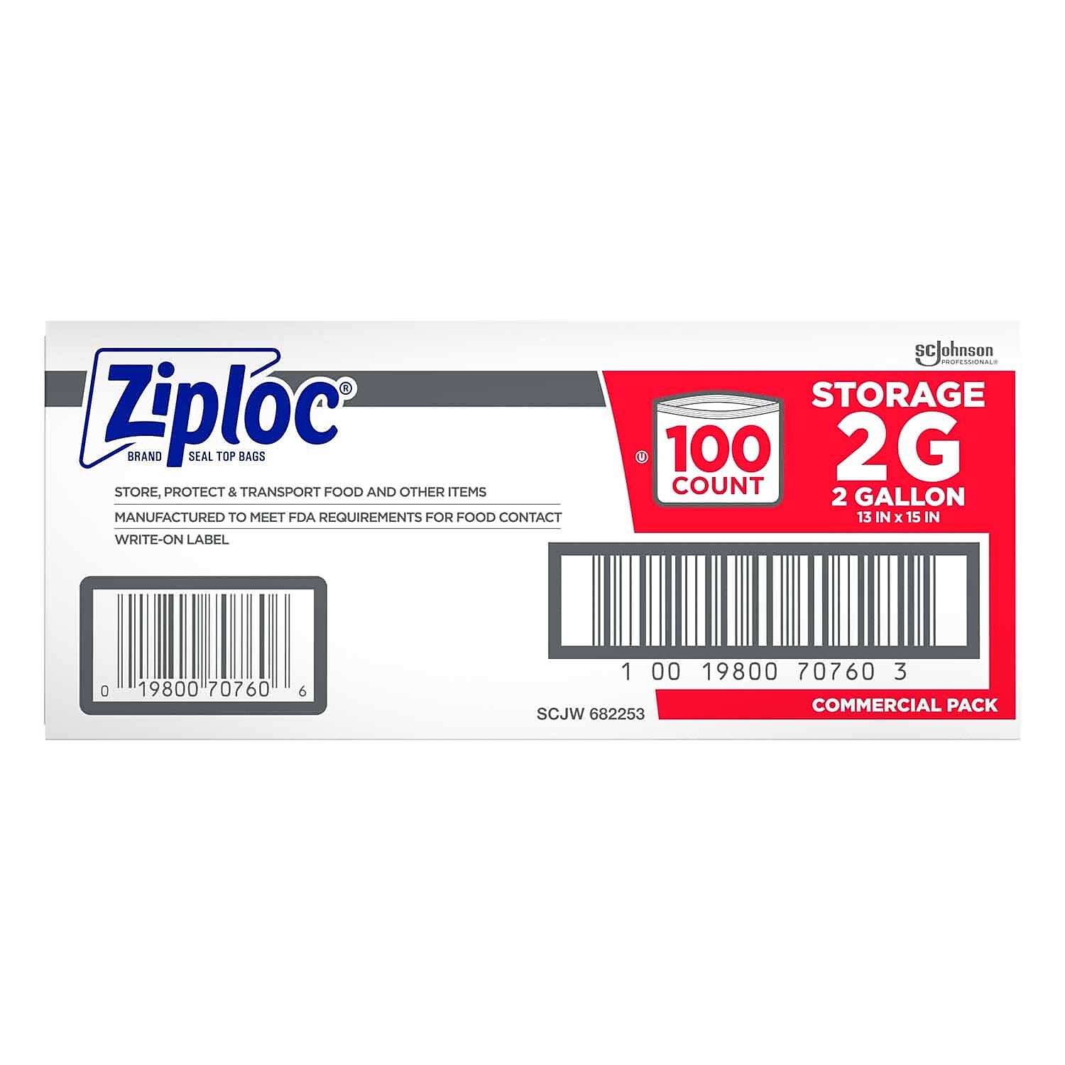 Ziploc Double Zipper Storage Bags, 2 Gallon, 100 Bags/Carton