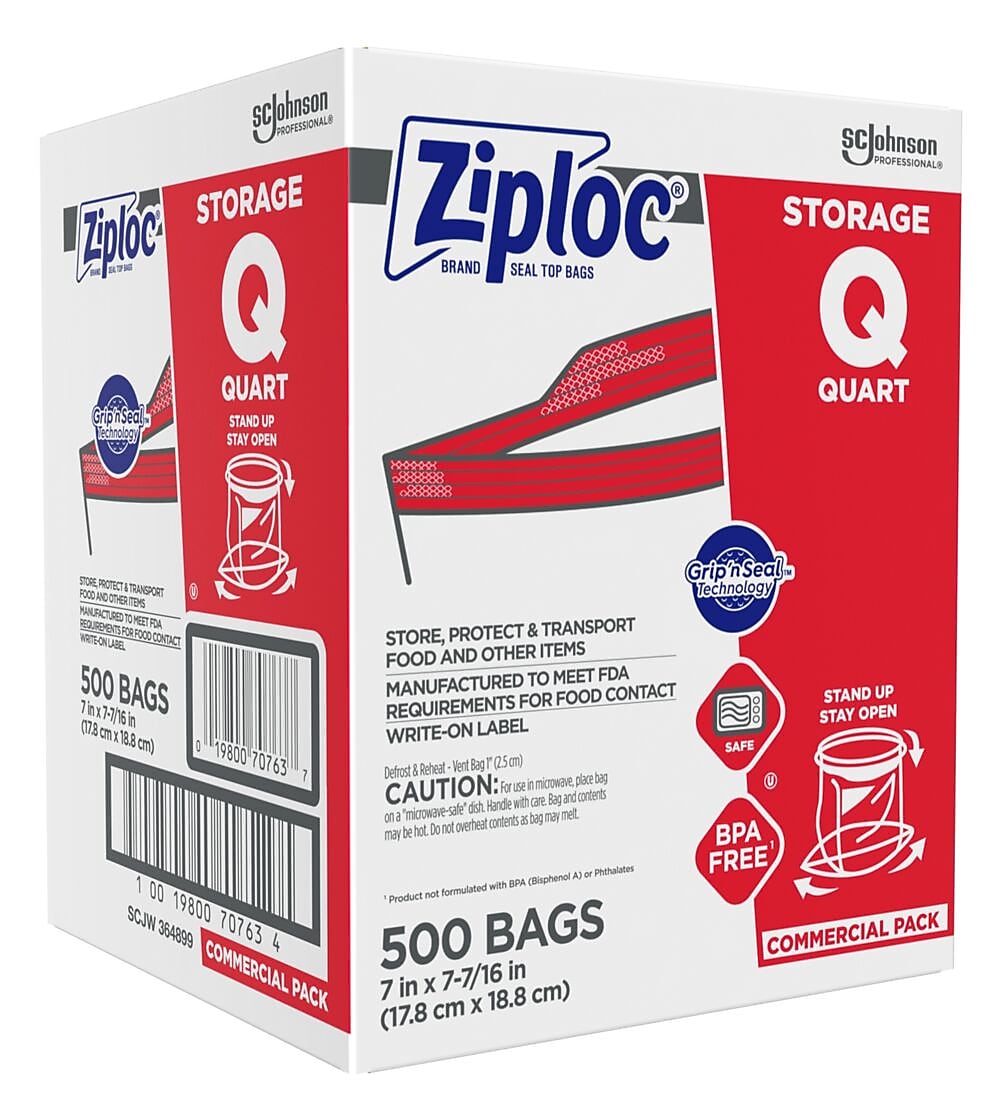 Ziploc Double Zipper Storage Bags, Quart, 500 Bags/Carton