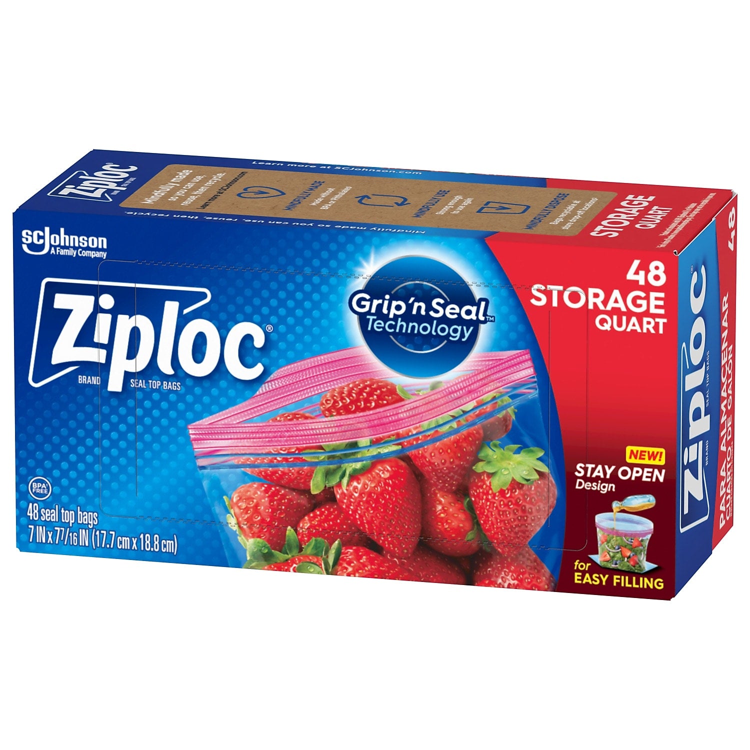 Ziploc Storage Bags, Quart, 48/Box