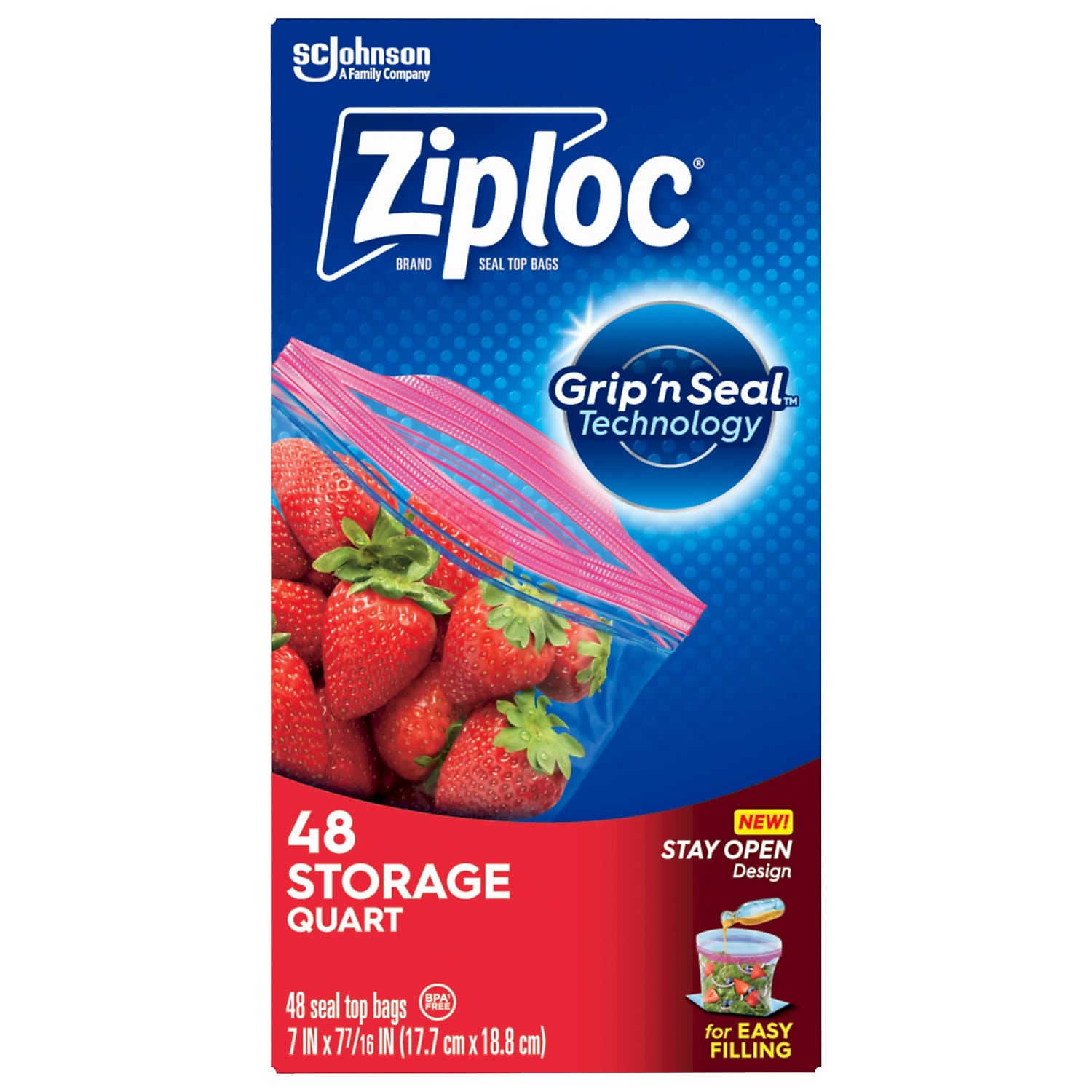 Ziploc Storage Bags, Quart, 48/Box